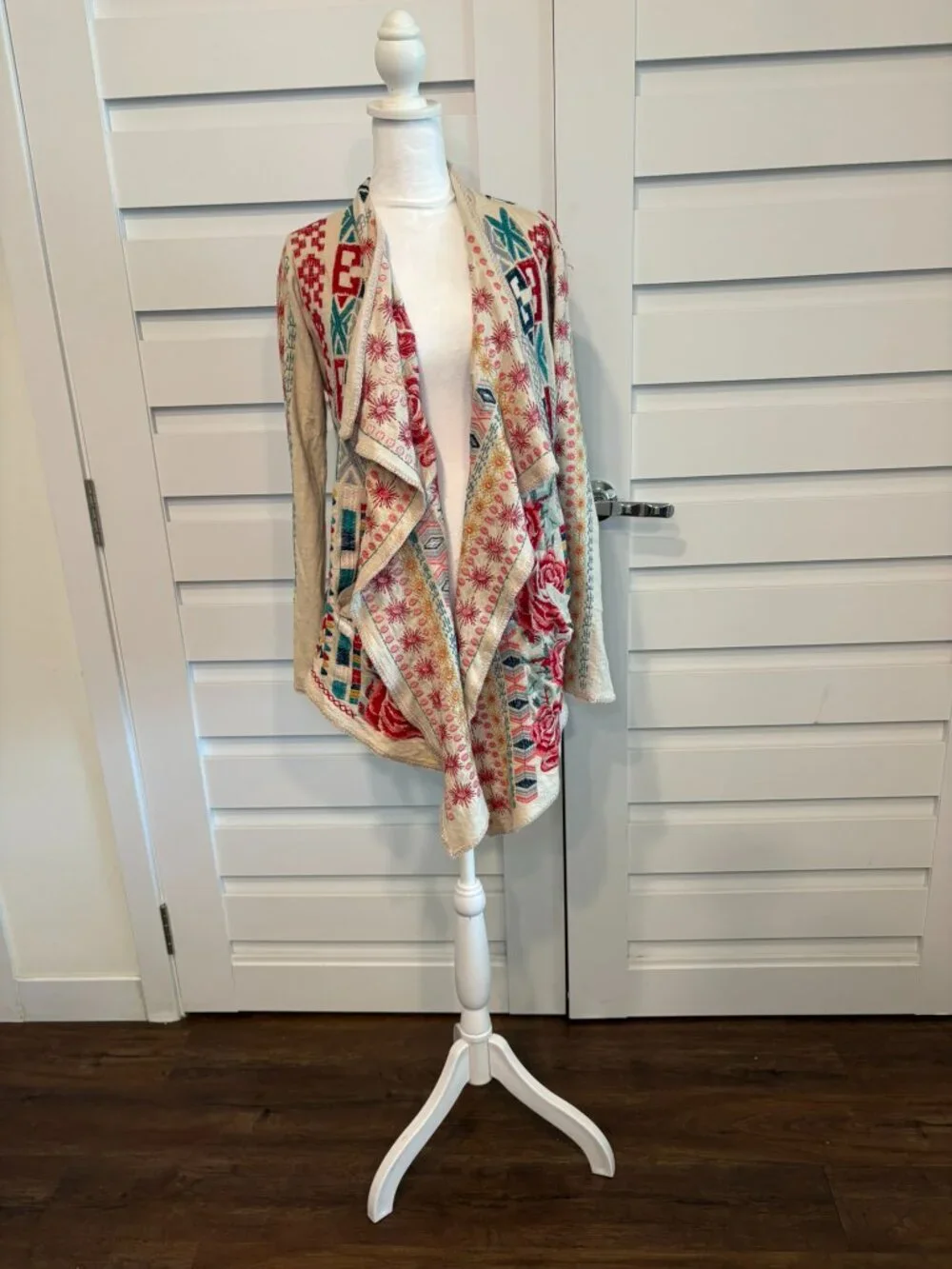 Johnny Was Biya Embroidered Cotton Waterfall Cardigan Medium
